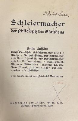 00/11901 : Schleiermacher der Philosoph des Glaubens (1910)