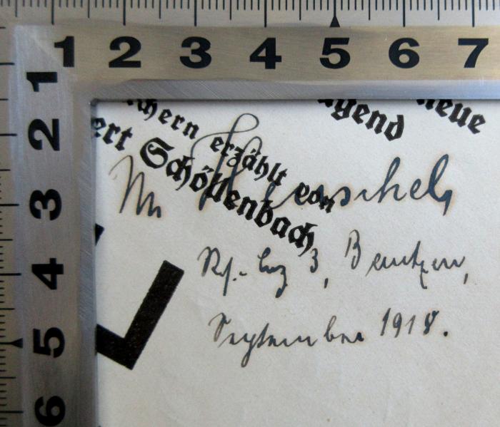 - (Henschel, M.), Von Hand: Name, Ortsangabe, Datum; 'M. Henschel, [XX]3, Beuthen, September 1918'. 