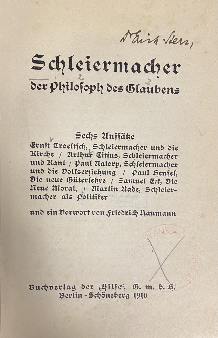 00/11901 : Schleiermacher der Philosoph des Glaubens (1910)