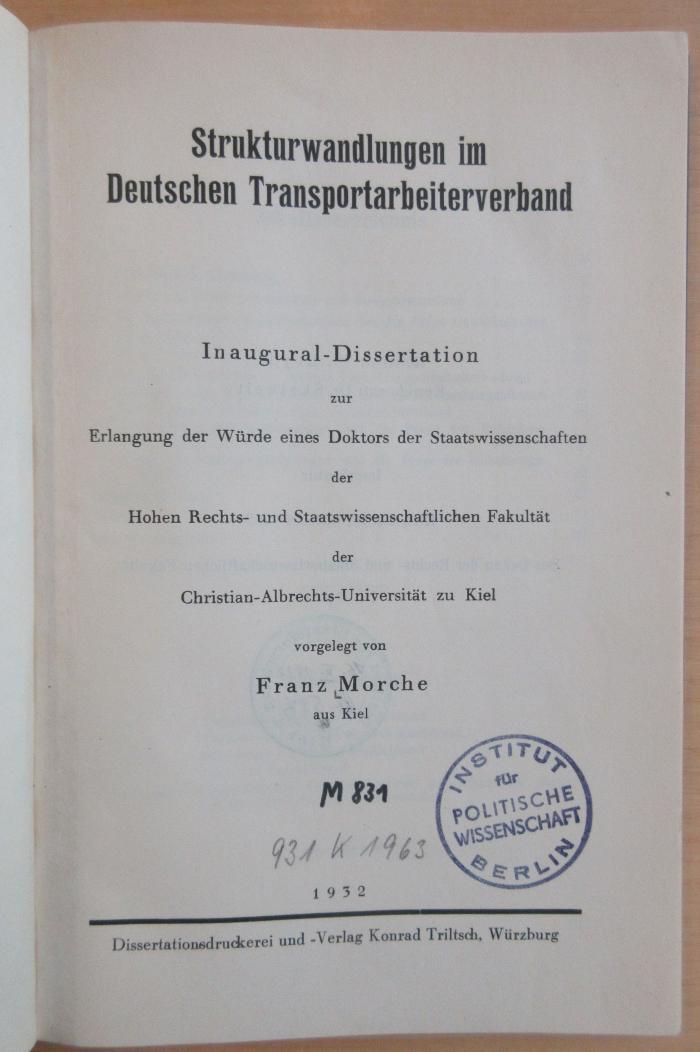 M 831 Mor : Strukturwandlungen im Deutschen Transportarbeiterverband
 (1932)