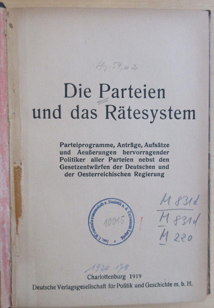 M 831d 104:2 : Die Parteien und das Rätesystem (1919)