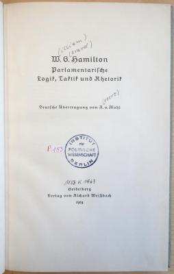 P 153 Ham : Parlamentarische logik, Taktik und Rhetorik (1924)