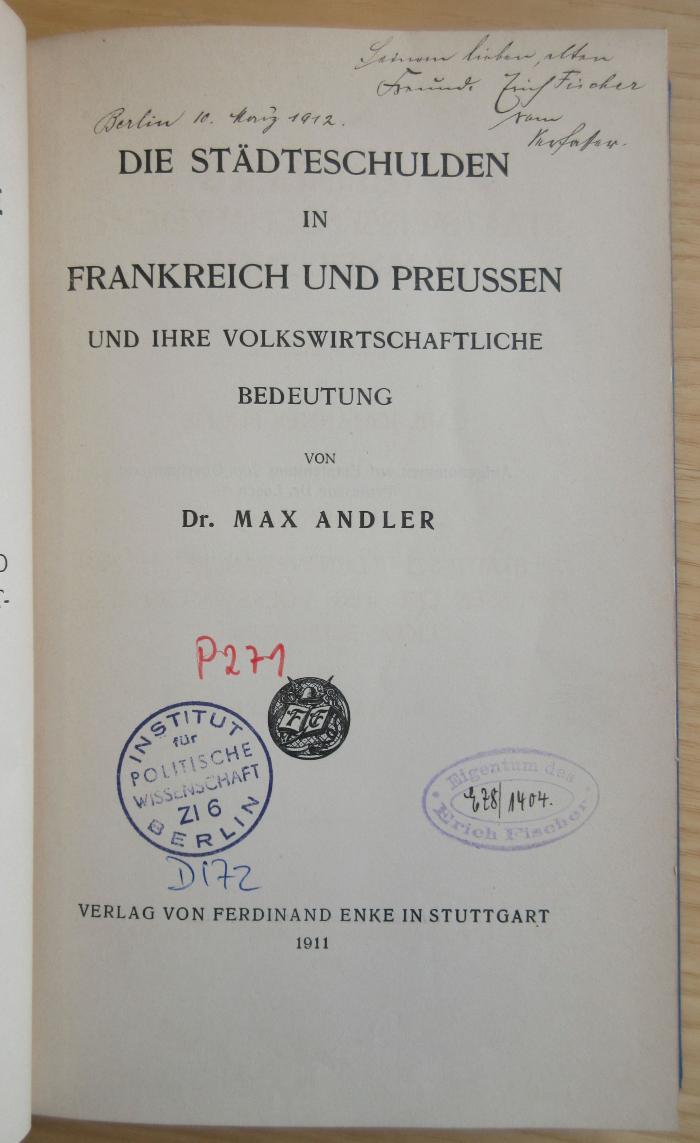 P 271 And : Die Städteschulden in Frankreich und Preussen und ihre volkswirtschaftliche Bedeutung (1911)