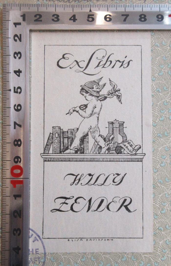 - (Zender, Willy), Etikett: Exlibris; 'ExLibris
WILLY
ZENDER'.  (Prototyp)