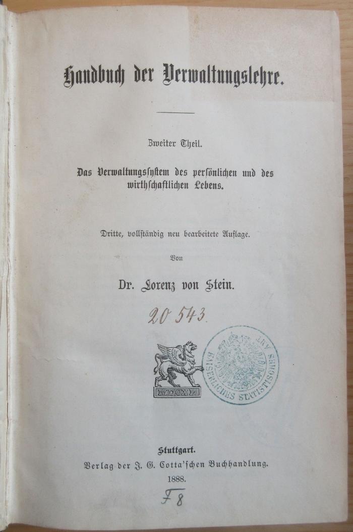 P 25 226-2(3) : Handbuch der Verwaltungslehre. 2. Theil. Das Verwaltungssystem der persönlichen und des wirthschaftlichen Lebens.  (1888)