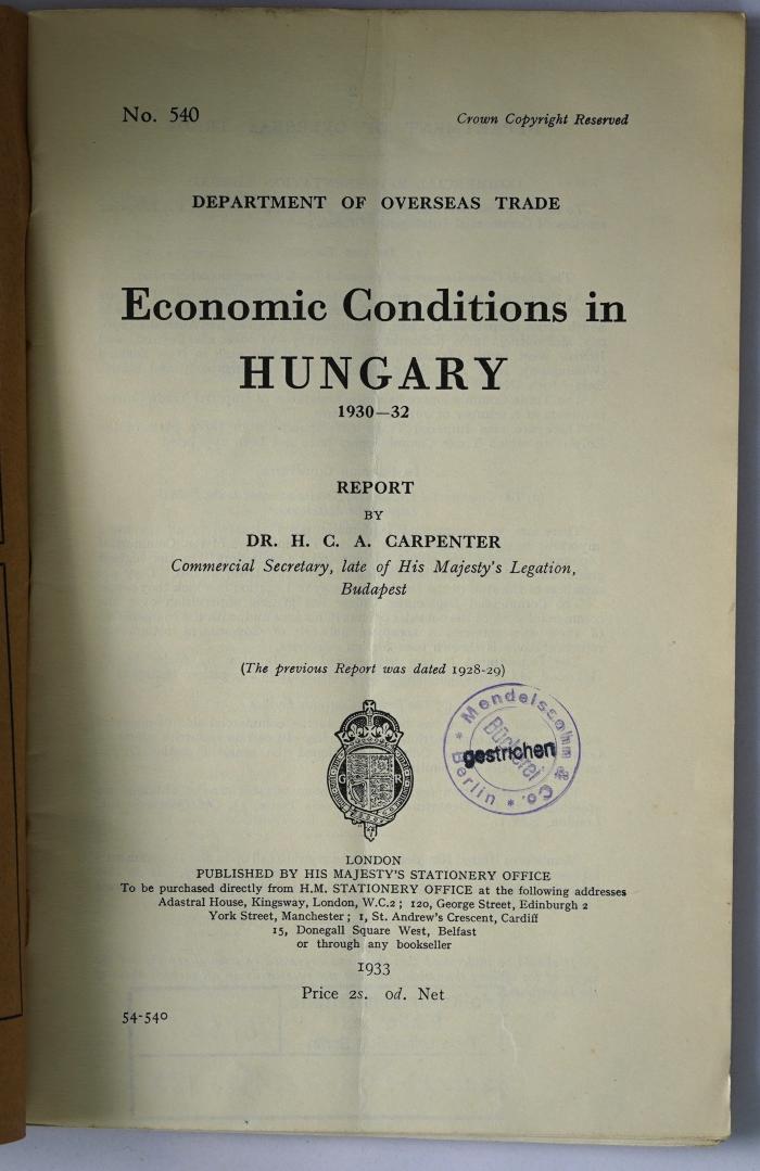 Ibi 681 : Economic conditions in Hungary (1930-32) (1933)