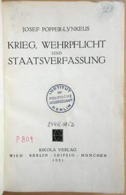 P 809 Pop : Krieg, Wehrpflicht und Staatsverfassung (1921)