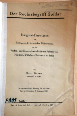 P 809 Wol : Der Rechtsbegriff Soldat (Inaugural-Dissertation, 1938)
 (1938)
