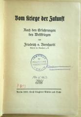 P 813 Ber : Vom Kriege der Zukunft - Nach den Erfahrungen des Weltkrieges (1920)