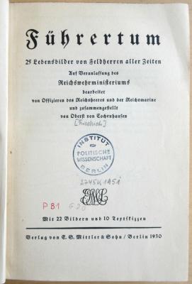 P 81 103 : Führertum - 25 Lebensbilder von Feldherren aller Zeiten (1930)