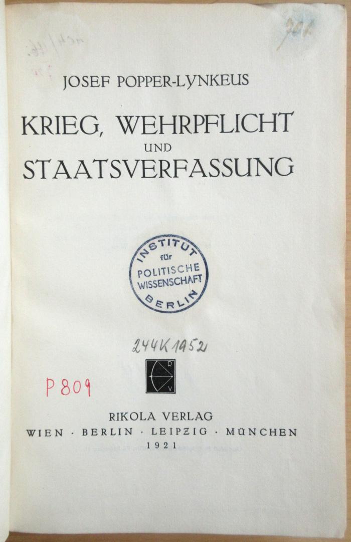 P 809 Pop : Krieg, Wehrpflicht und Staatsverfassung (1921)