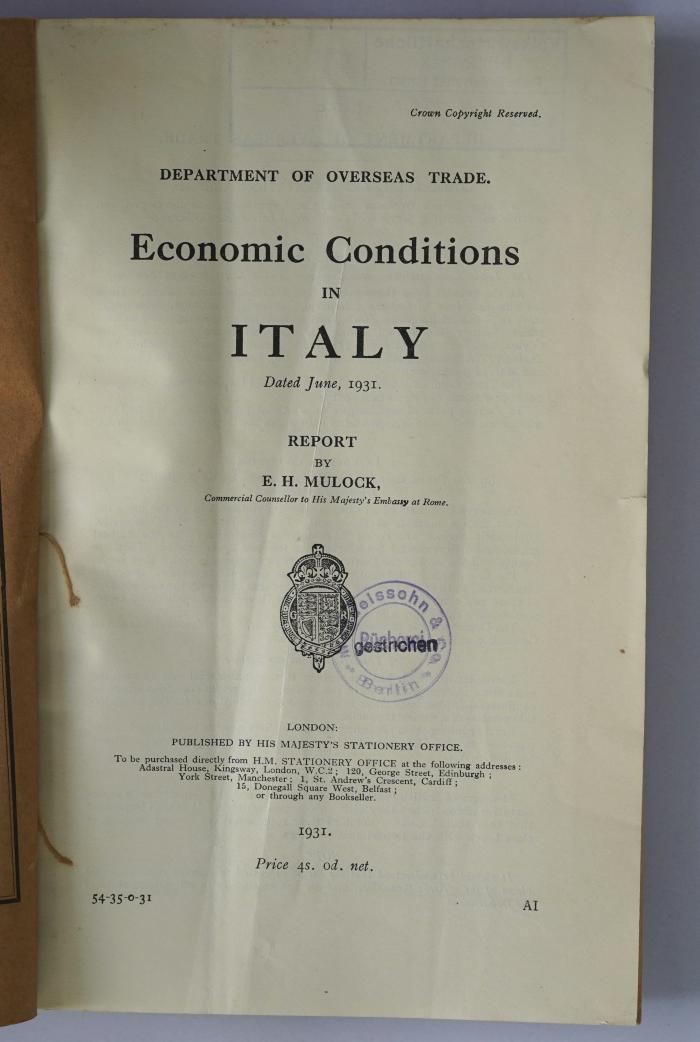 Ibl 230 : Economic conditions in Italy (1931; 1932)