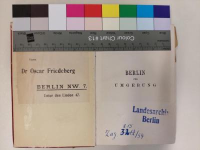 A 710(1912) : Berlin und Umgebung. Handbuch für Reisende (1912);-, Etikett: Name; 'Herrn Dr Oscar Friedeberg Berlin NW. 7, Unter den Linden 42.'