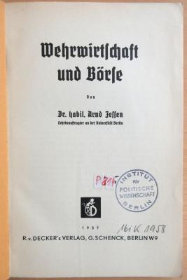 P 814 Jes : Wehrwirtschaft und Börse  (1937)