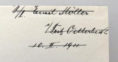 - (Möller, Emil;Ochterbeck, Fritz), Von Hand: Widmung; 'S./l. Emil Möller
v.[?]/ Fritz Ochterbeck
10.II.1911.'. 