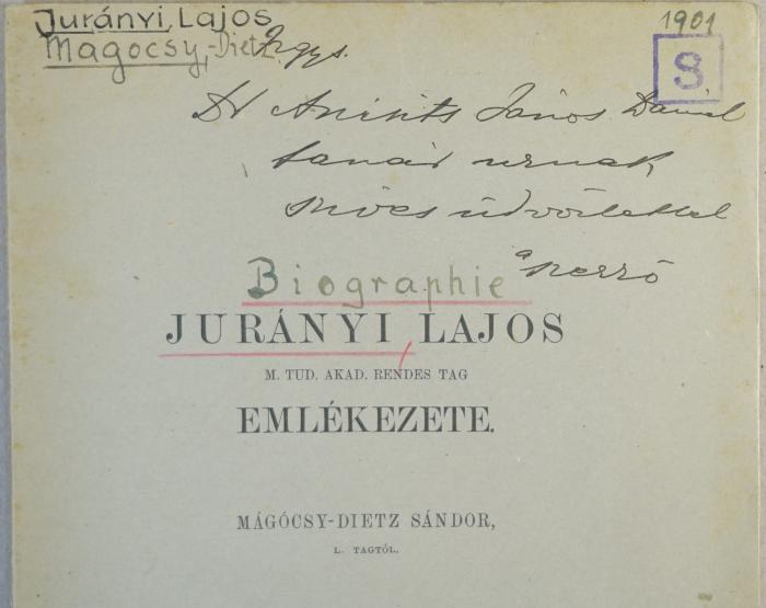 - (Anisits, Johann Daniel), Von Hand: Widmung, Notiz; 'Dr Anisits Jona Daniel 
fanair uruad
a pesso'. 