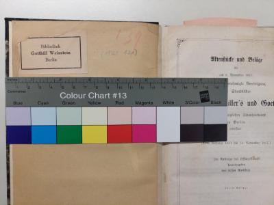 Kult 355(2) : Aktenstücke und Beläge die am 6. November 1861 Allerhöchst genehmigte Vereinigung der Standbilder Lessing's, Schiller's und Goethe's vor dem Königlichen Schauspielhause zu Berlin betreffend. (Vom Anfange 1861 bis 12. November 1867.) (1870);-, Etikett: Exlibris; 'Bibliothek Gotthilf Weisstein Berlin'