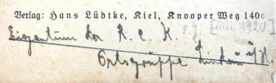 - (R. e. K.[?], Ortsgruppe Lindau [...] H.), Von Hand: Name, Ortsangabe; 'Eigentum der R. c. K. Ortsgruppe Lindau […] H.'. 