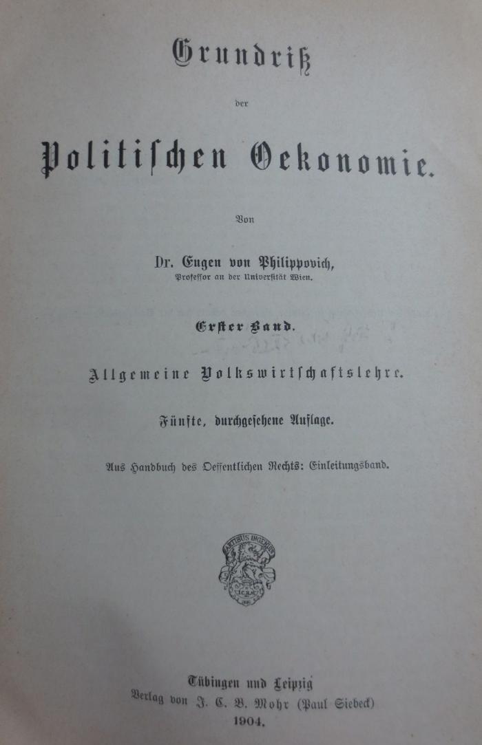 VII 267 1e 2.Ex.: Allgemeine Volkswirtschaftslehre (1904)