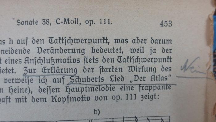 IV 44796 b 3: L. van Beethovens sämtliche Klavier-Solosonaten : Ästhetische und formal-technische Analyse mit historischen Notizen (1920);- (unbekannt), Von Hand: Annotation; 'Nein'. 