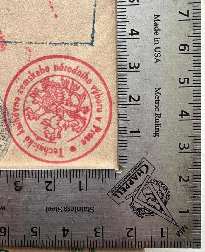 - (Technische Bibliothek des Landesnationalausschusses in Prag), Stempel: Wappen, Berufsangabe/Titel/Branche, Ortsangabe; 'Technická knihovna zemskeho národního výboru v Praze'.  (Prototyp)