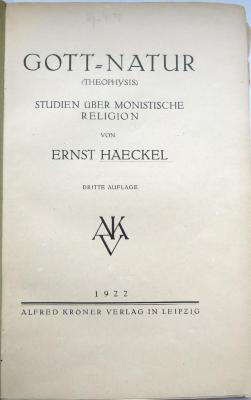 Kps 4198 : Gott-Natur (Theophysis). Studien über monoistische Religion (1922)