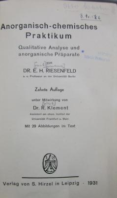 Kd 449 ao: Anorganisch-chemisches Praktikum : Qualitative Analyse und anorganische Präparate (1931)