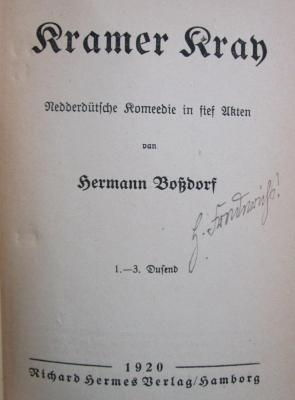Cx 78: Kramer Kray : Nedderdütsche Komeedie in fief Akten (1920)