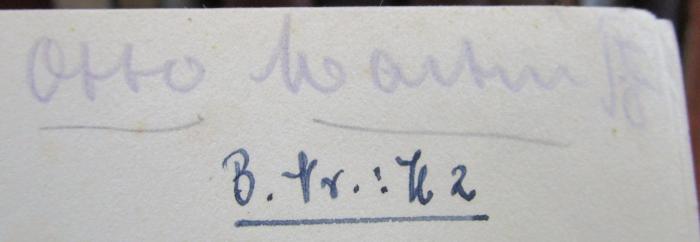 Kd 449 ao: Anorganisch-chemisches Praktikum : Qualitative Analyse und anorganische Präparate (1931);- (Hahn, Otto), Von Hand: Autogramm, Name, Zeichen; 'Otto Martin [Zirkel]!'. ;- (unbekannt), Von Hand: Exemplarnummer, Signatur; 'B. Nr.: U 2'. 