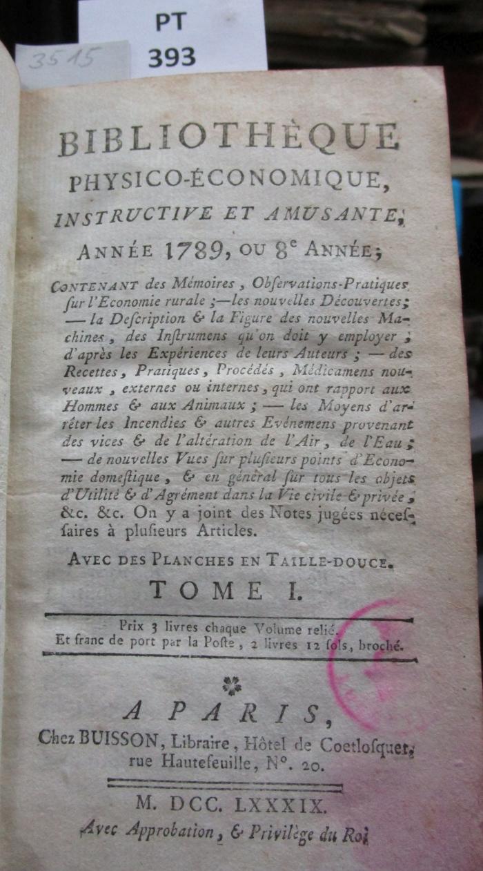  Bibliothèque physico-économique : instructive et amusante : 1789, ou 8e Année, Tome I (1789)