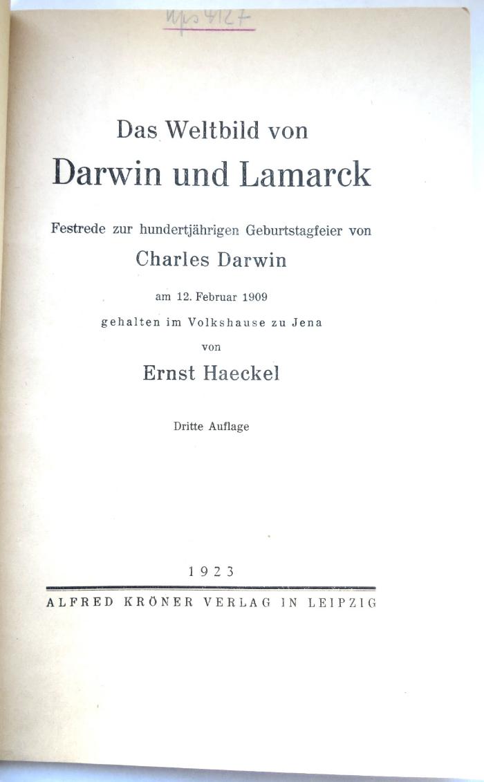 Kps 4127 : Das Weltbild von Darwin und Lamarck (1923)