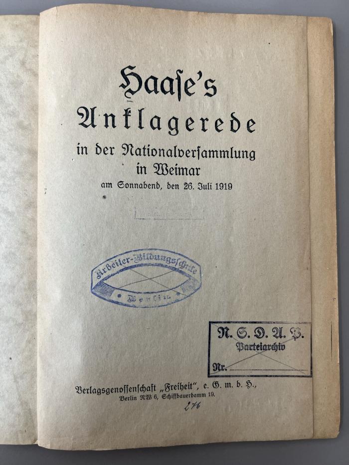 00/12831 : Haase’s Anklagerede in der Nationalversammlung in Weimar (1919)