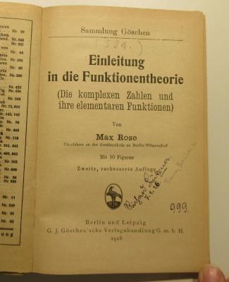 SK 700 R795(2) : Einleitung in die Funktionentheorie (1918)