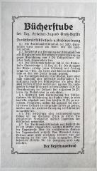 - (Sozialistische Arbeiterjugend Groß-Berlin), Etikett: Exlibris; 'Bücherstube der Soz. Arbeiter-Jugend Groß-Berlin Funktionärsbibliothek- u. Archivordnung [...]'.  (Prototyp)