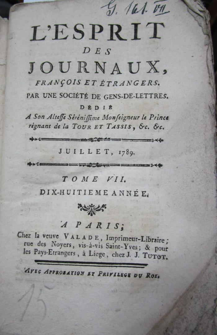  L' esprit des journaux, français et étrangers par une société de gens-de-lettres : Juillet 1789, Tome VII (1789)