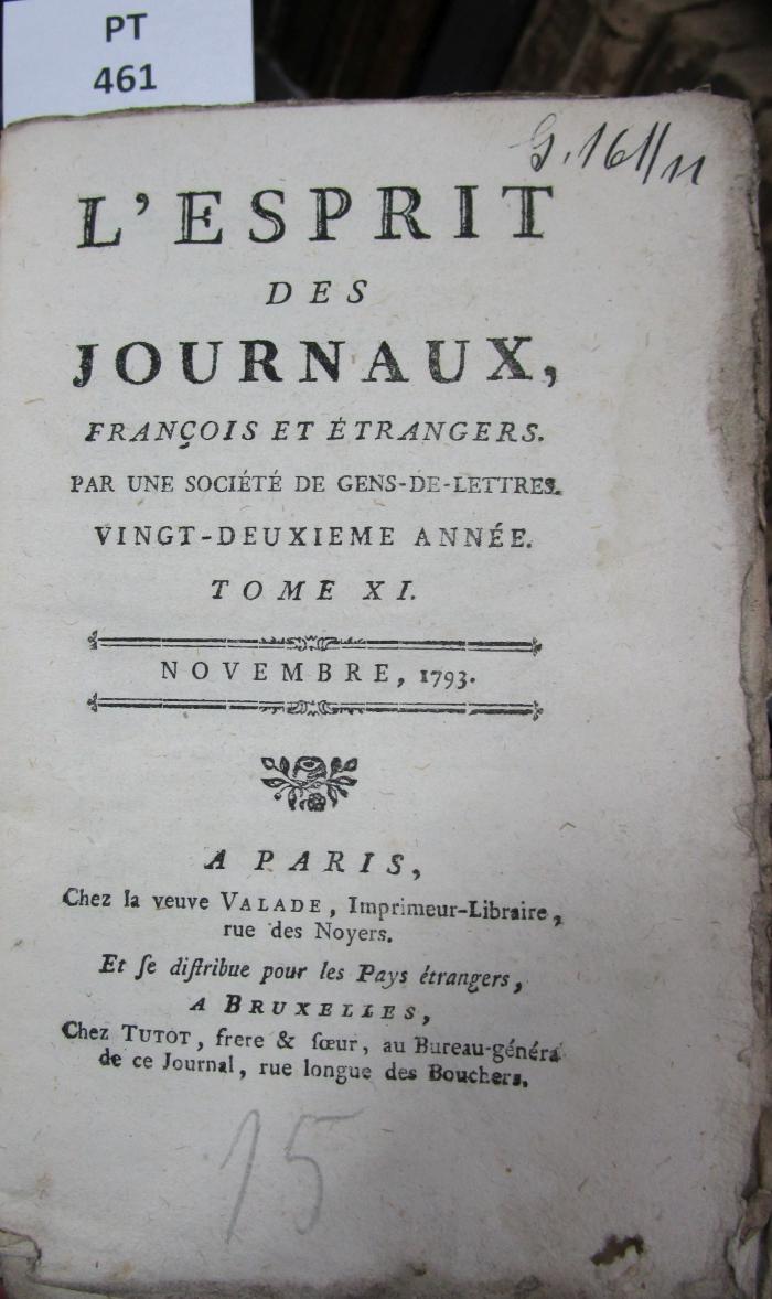  L' esprit des journaux, français et étrangers par une société de gens-de-lettres : Novembre 1793, Tome XI (1793)