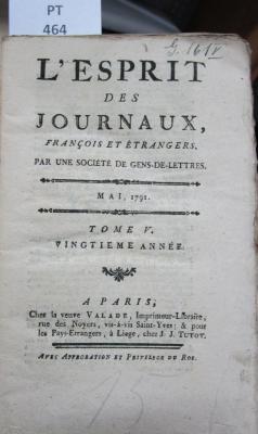 L' esprit des journaux, français et étrangers par une société de gens-de-lettres : Mai 1791, Tome V (1791)