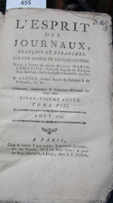  L' esprit des journaux, français et étrangers par une société de gens-de-lettres : Aout 1792, Tome VIII (1792)
