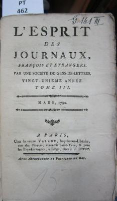  L' esprit des journaux, français et étrangers par une société de gens-de-lettres : Mars 1792, Tome III (1792)