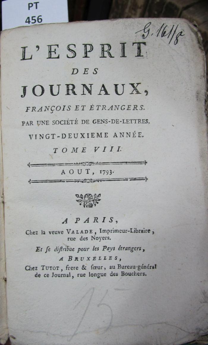  L' esprit des journaux, français et étrangers par une société de gens-de-lettres : Aout 1793, Tome VIII (1793)