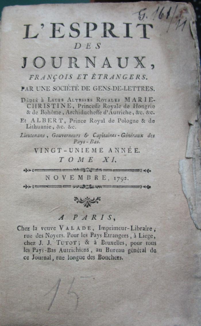  L' esprit des journaux, français et étrangers par une société de gens-de-lettres : Novembre 1792, Tome XI (1792)