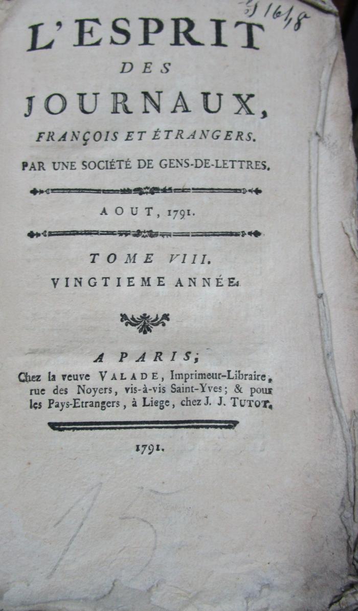  L' esprit des journaux, français et étrangers par une société de gens-de-lettres : Aout 1791, Tome VIII (1791)