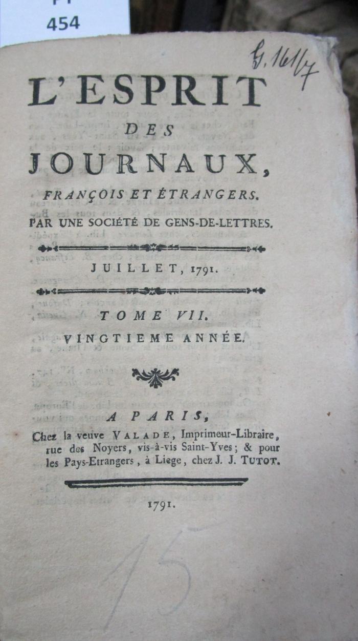  L' esprit des journaux, français et étrangers par une société de gens-de-lettres : Juillet 1791, Tome VII (1791)