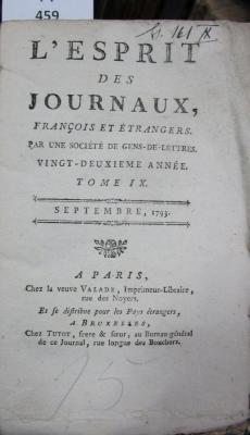  L' esprit des journaux, français et étrangers par une société de gens-de-lettres : Septembre 1793, Tome IX (1793)