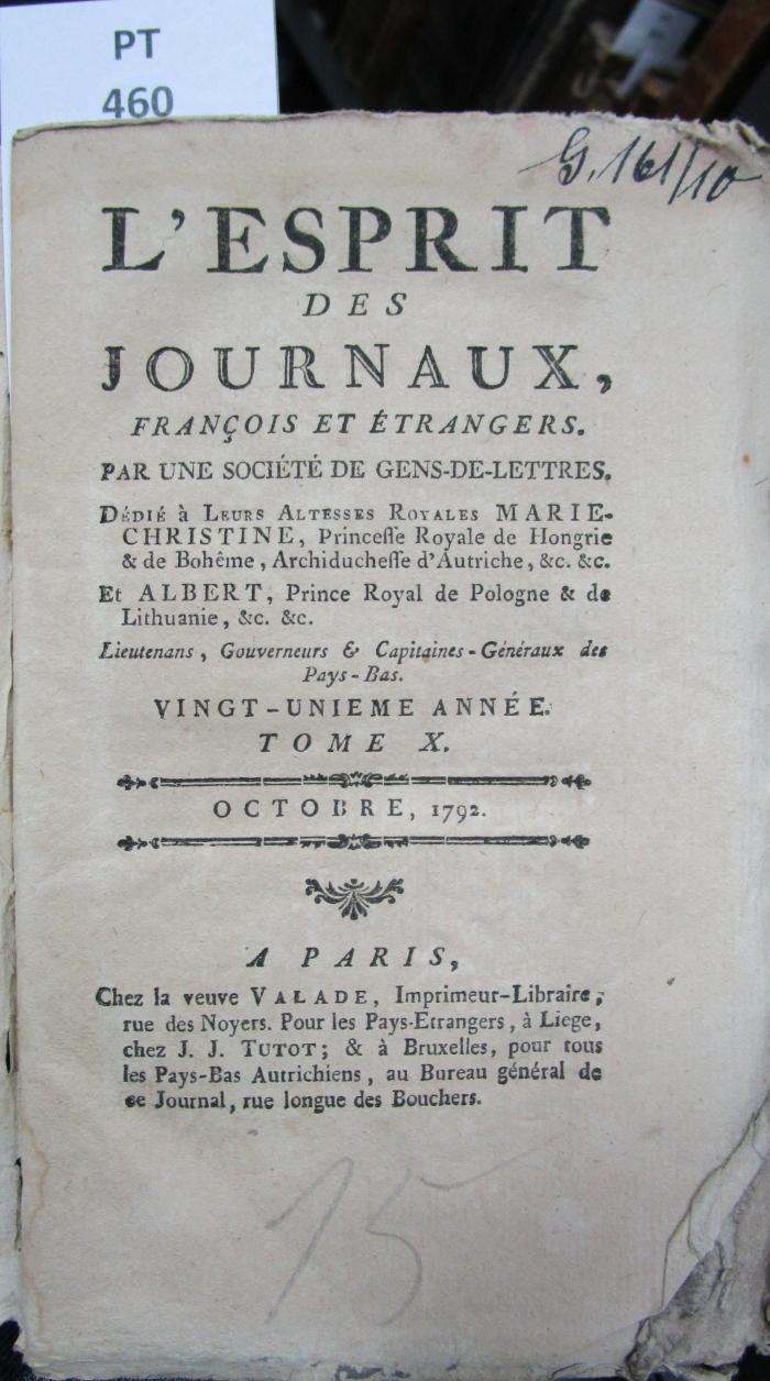  L' esprit des journaux, français et étrangers par une société de gens-de-lettres : Octobre 1792, Tome X (1792)