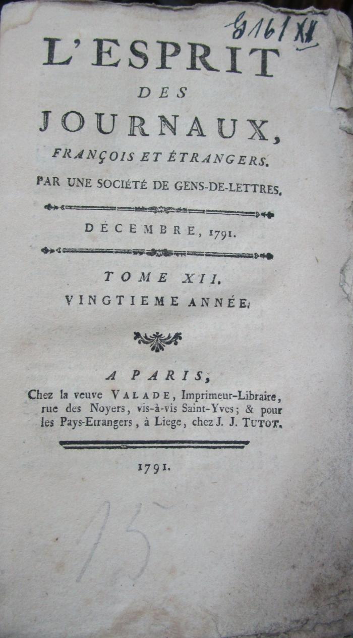  L' esprit des journaux, français et étrangers par une société de gens-de-lettres : Decembre 1791, Tome XII (1791)