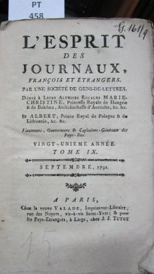  L' esprit des journaux, français et étrangers par une société de gens-de-lettres : Septembre 1792, Tome IX (1792)