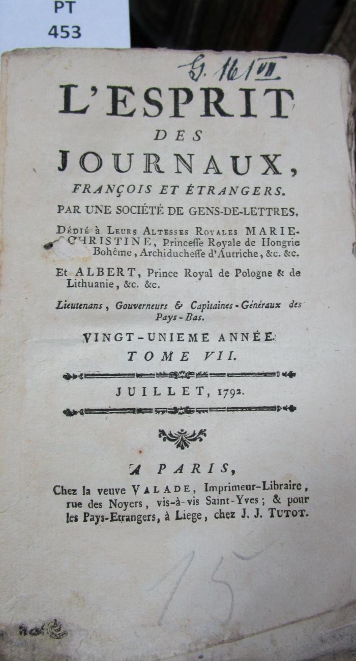  L' esprit des journaux, français et étrangers par une société de gens-de-lettres : Juillet 1792, Tome VII (1792)