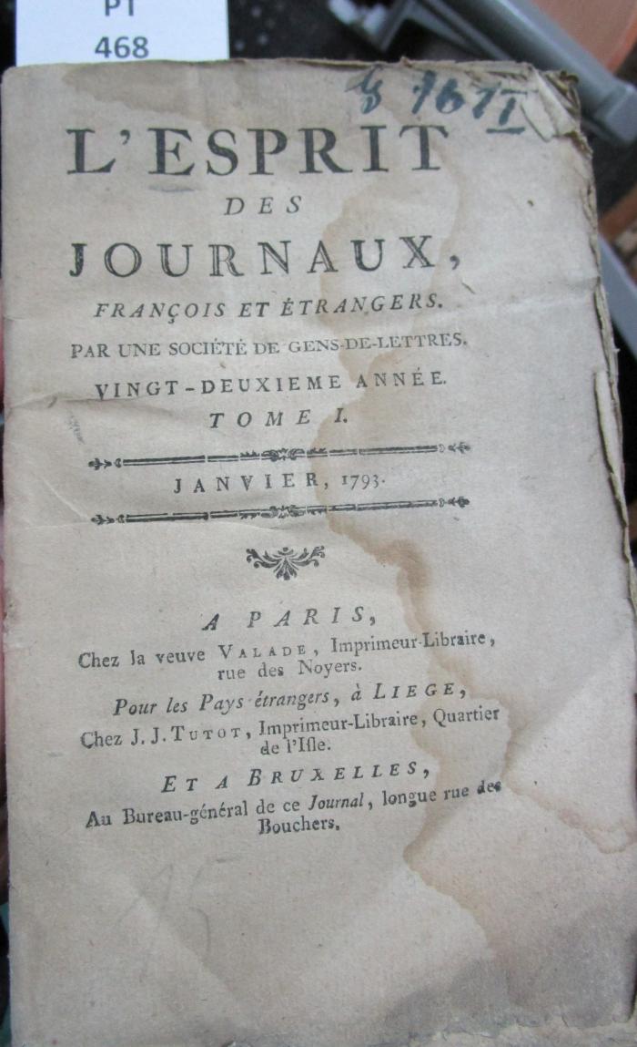  L' esprit des journaux, français et étrangers par une société de gens-de-lettres : Janvier 1793, Tome I (1793)