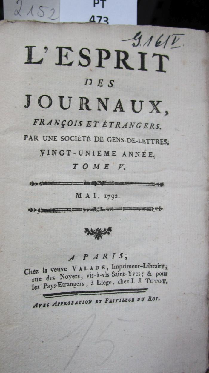  L' esprit des journaux, français et étrangers par une société de gens-de-lettres : Mai 1792, Tome V (1792)